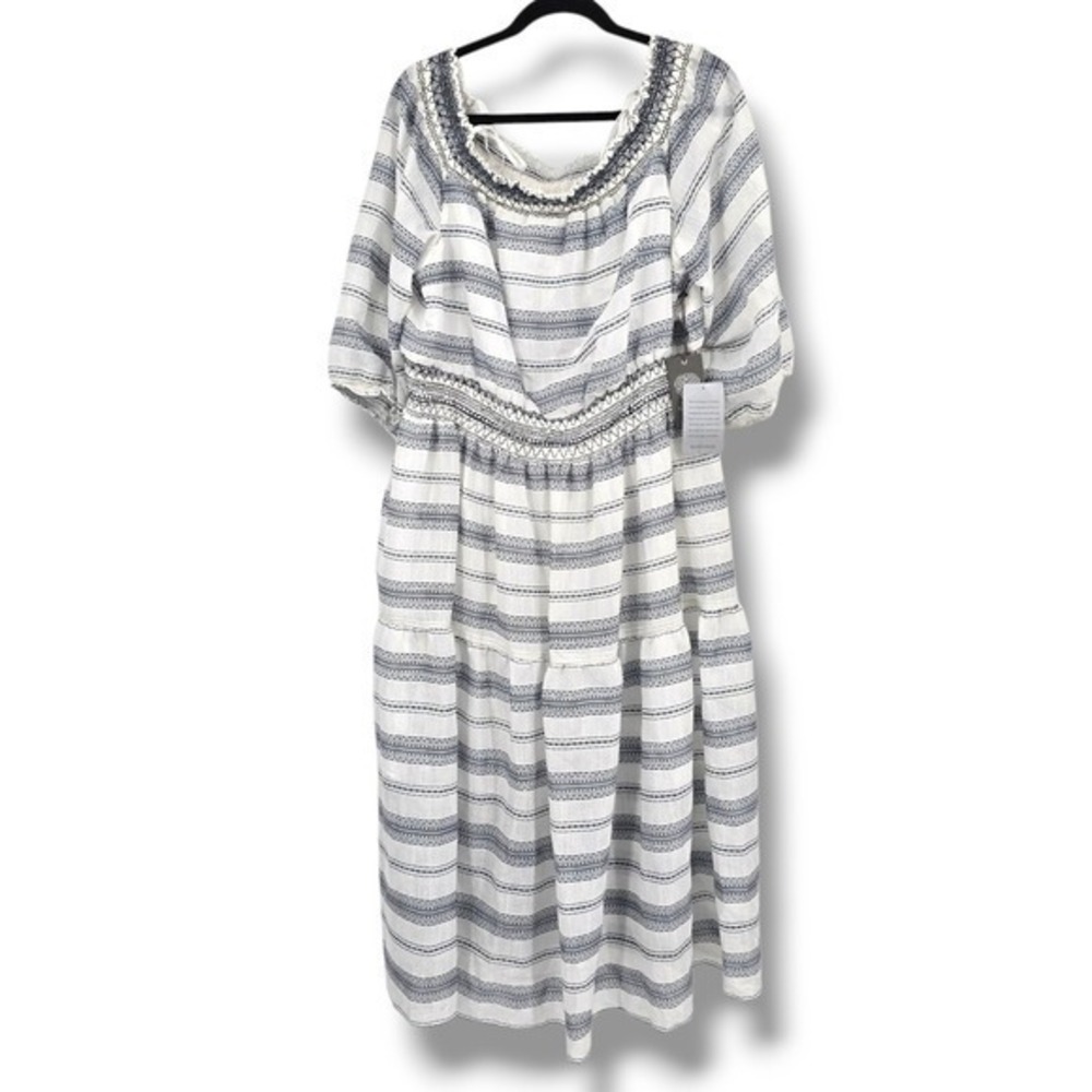 NEW Vince Camuto Ivory‎ Navy Dress Smocked Neck Tiered Midi Dress Plus Size 20W